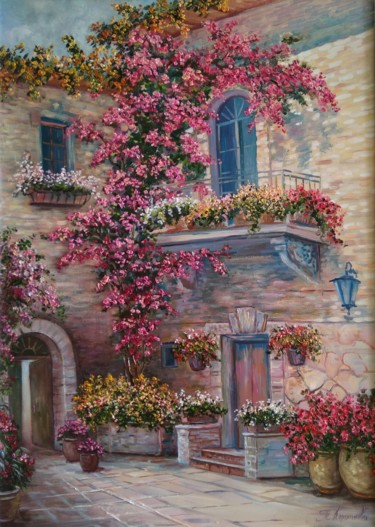 Painting titled "Cozy patio" by Tatyana Korotkova, Original Artwork, Oil
