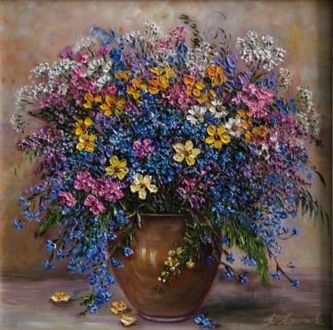 Painting titled "cheerful bouquet" by Tatyana Korotkova, Original Artwork, Oil