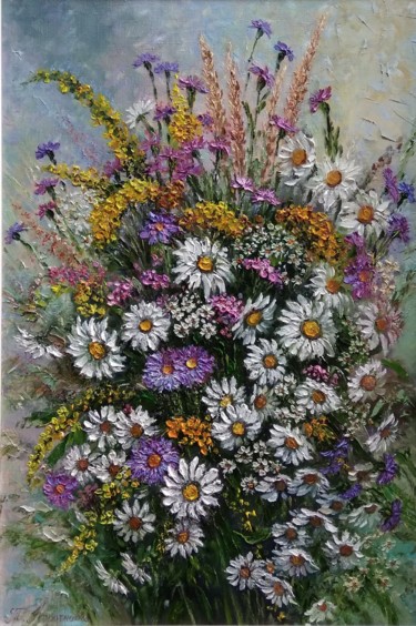 Painting titled "Summer bouquet..." by Tatyana Korotkova, Original Artwork, Oil Mounted on Wood Stretcher frame
