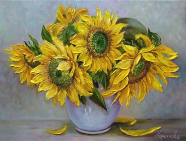Painting titled "Sunny bouquet" by Tatyana Korotkova, Original Artwork, Oil Mounted on Wood Stretcher frame