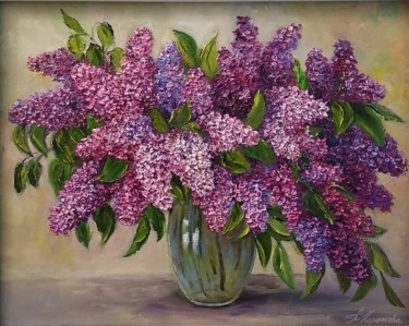Painting titled "Lilac melody" by Tatyana Korotkova, Original Artwork, Oil Mounted on Wood Stretcher frame