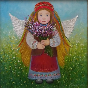 Painting titled "Solar angel 1" by Tatyana Korotkova, Original Artwork, Oil Mounted on Wood Stretcher frame