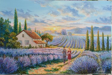 Painting titled "Romance of lavender…" by Tatyana Korotkova, Original Artwork, Oil Mounted on Wood Stretcher frame