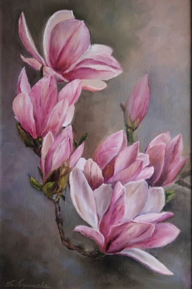 Painting titled "Magnolia" by Tatyana Korotkova, Original Artwork, Oil Mounted on Wood Stretcher frame