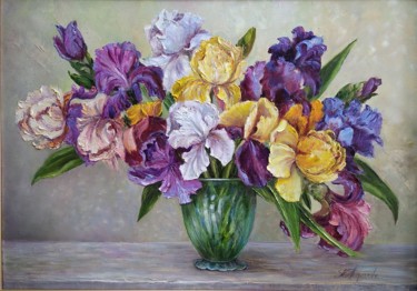 Painting titled "Bouquet of irises" by Tatyana Korotkova, Original Artwork, Oil Mounted on Wood Stretcher frame