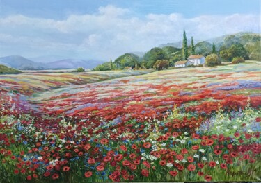 Painting titled "Poppy field" by Tatyana Korotkova, Original Artwork, Oil Mounted on Wood Stretcher frame