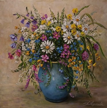 Painting titled "Summer bouquet 1" by Tatyana Korotkova, Original Artwork, Oil Mounted on Wood Stretcher frame