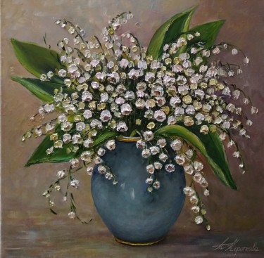 Painting titled "Lilies of the valley" by Tatyana Korotkova, Original Artwork, Oil Mounted on Wood Stretcher frame