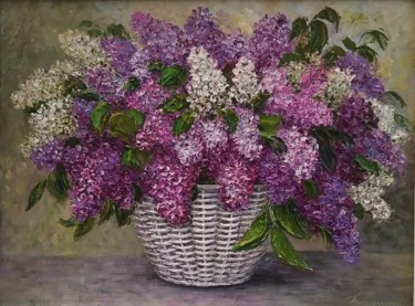 Painting titled "Lilac in a basket" by Tatyana Korotkova, Original Artwork, Oil Mounted on Wood Stretcher frame