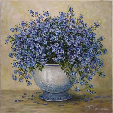 Painting titled "Forget-me-nots" by Tatyana Korotkova, Original Artwork, Oil Mounted on Wood Stretcher frame