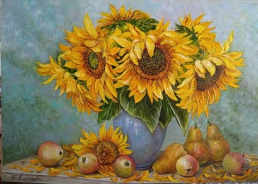 Painting titled "Sunny still life" by Tatyana Korotkova, Original Artwork, Oil Mounted on Wood Stretcher frame