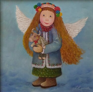 Painting titled "Sunny angel and bull" by Tatyana Korotkova, Original Artwork, Oil Mounted on Wood Stretcher frame