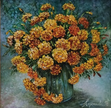 Painting titled "Marigold oil painti…" by Tatyana Korotkova, Original Artwork, Oil Mounted on Wood Stretcher frame