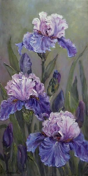 Schilderij getiteld "Fragrant irises" door Tatyana Korotkova, Origineel Kunstwerk, Olie Gemonteerd op Frame voor houten bran…
