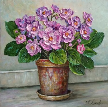 Painting titled "Violets" by Tatyana Korotkova, Original Artwork, Oil Mounted on Wood Stretcher frame