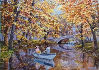 Painting titled "Romance of autumn p…" by Tatyana Korotkova, Original Artwork, Oil Mounted on Wood Stretcher frame