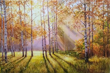 Painting titled "Autumn glow" by Tatyana Korotkova, Original Artwork, Oil Mounted on Wood Stretcher frame