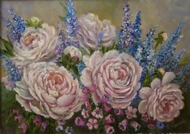 Painting titled "Floral inspiration" by Tatyana Korotkova, Original Artwork, Oil Mounted on Wood Stretcher frame