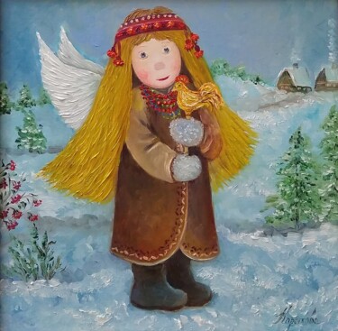 Painting titled "Sunny angel and roo…" by Tatyana Korotkova, Original Artwork, Oil Mounted on Wood Stretcher frame