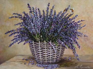 Painting titled "Lavender in a basket" by Tatyana Korotkova, Original Artwork, Oil Mounted on Wood Stretcher frame