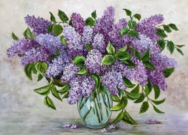 Painting titled "Bouquet de lilas" by Tatyana Korotkova, Original Artwork, Oil Mounted on Wood Stretcher frame