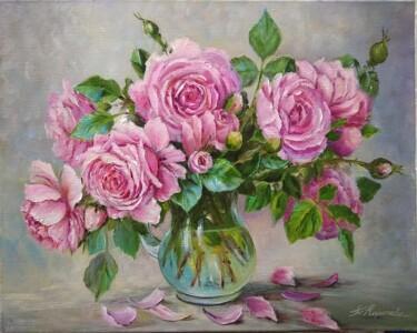 Painting titled "Des roses roses" by Tatyana Korotkova, Original Artwork, Oil Mounted on Wood Stretcher frame