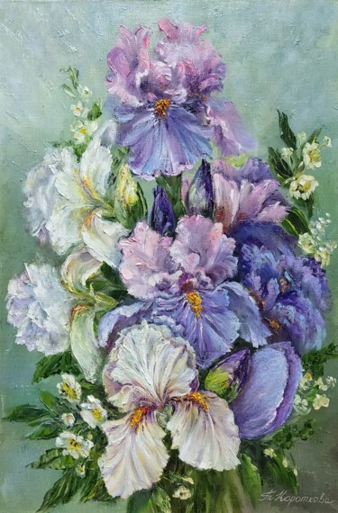 Painting titled "Iris" by Tatyana Korotkova, Original Artwork, Oil Mounted on Wood Stretcher frame