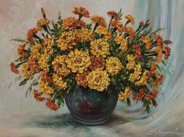 Painting titled "Marigolds" by Tatyana Korotkova, Original Artwork, Oil Mounted on Wood Stretcher frame