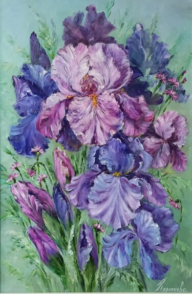 Painting titled "irises" by Tatyana Korotkova, Original Artwork, Oil Mounted on Wood Stretcher frame