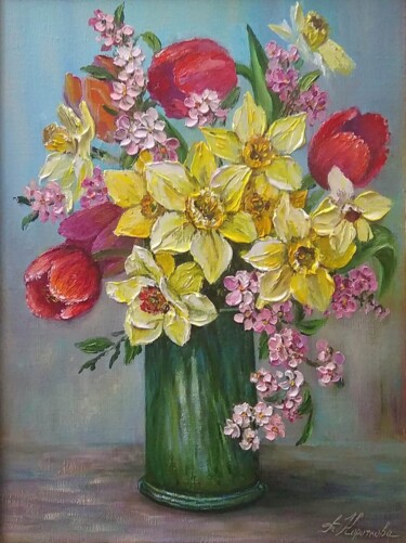 Schilderij getiteld "Spring bouquet" door Tatyana Korotkova, Origineel Kunstwerk, Olie Gemonteerd op Frame voor houten branc…