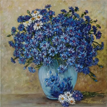 Painting titled "Cornflower bouquet" by Tatyana Korotkova, Original Artwork, Oil Mounted on Wood Stretcher frame