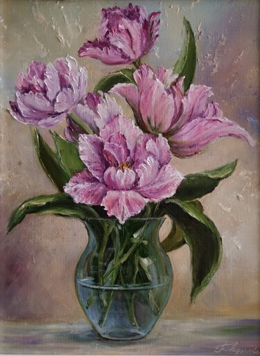 Painting titled "Tulips" by Tatyana Korotkova, Original Artwork, Oil Mounted on Wood Stretcher frame