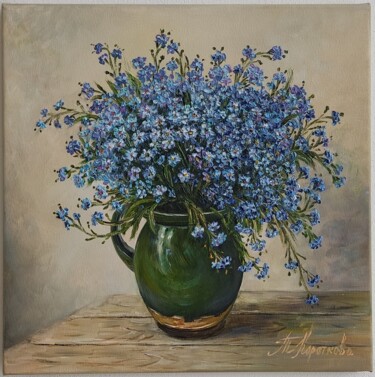 Painting titled "Forget-Me-Not still…" by Tatyana Korotkova, Original Artwork, Oil Mounted on Wood Stretcher frame