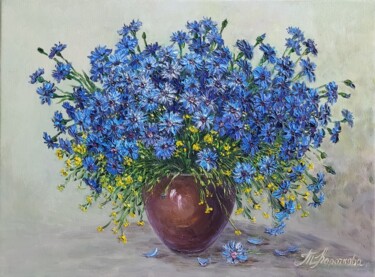 Painting titled "Cornflower still li…" by Tatyana Korotkova, Original Artwork, Oil Mounted on Wood Stretcher frame