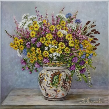 Painting titled "A bright bouquet" by Tatyana Korotkova, Original Artwork, Oil Mounted on Wood Stretcher frame