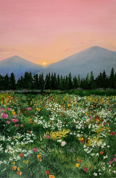 Картина под названием "Полевые цветы" - Olga Puzikova, Подлинное произведение искусства, Масло Установлен на Деревянная рама…
