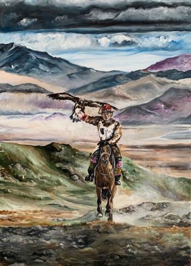 Картина под названием "Охотники степи" - Olga Puzikova, Подлинное произведение искусства, Масло Установлен на Деревянная рам…