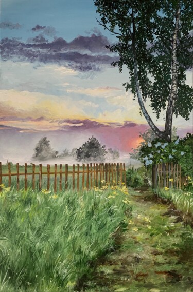 Картина под названием "Задний сад" - Olga Puzikova, Подлинное произведение искусства, Масло Установлен на Деревянная рама дл…