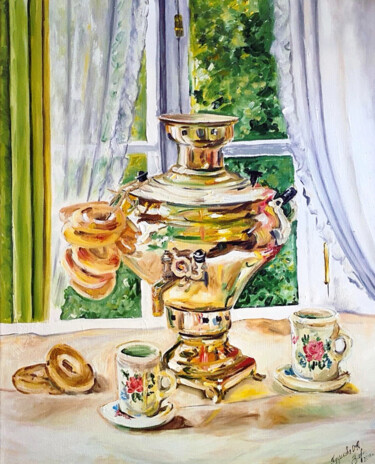 Картина под названием "Чаепитие" - Olga Puzikova, Подлинное произведение искусства, Масло Установлен на Деревянная рама для…
