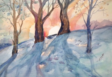Painting titled "Winter Sun" by Roman Sergienko, Original Artwork, Watercolor