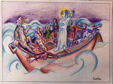 Dessin intitulée "Jesus Calms The Sea" par Christian Comte, Œuvre d'art originale, Crayon