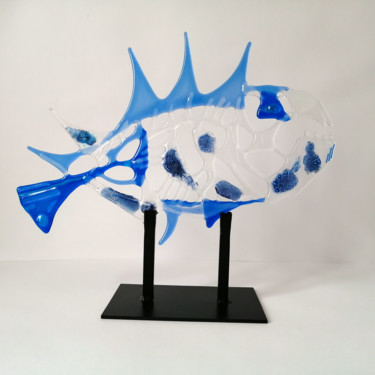 Sculpture titled "Artglass Blue fish" by Anna Smilyanskaya, Original Artwork, Glass