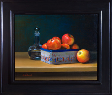 Malerei mit dem Titel "Apple Box" von Artsmileball, Original-Kunstwerk, Öl Auf Holzplatte montiert