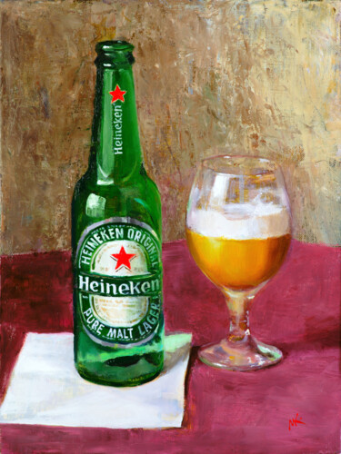 Painting titled "Heineken" by Artsmileball, Original Artwork, Oil Mounted on Wood Stretcher frame