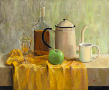 Painting titled "Green Apple" by Artsmileball, Original Artwork, Oil