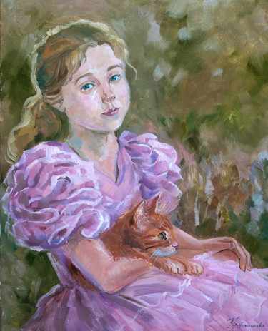 Картина под названием "Девочка в розовом п…" - Vera Grebennikova, Подлинное произведение искусства, Масло