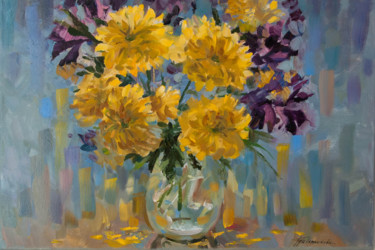 Картина под названием "Yellow chrysanthemu…" - Vera Grebennikova, Подлинное произведение искусства, Масло