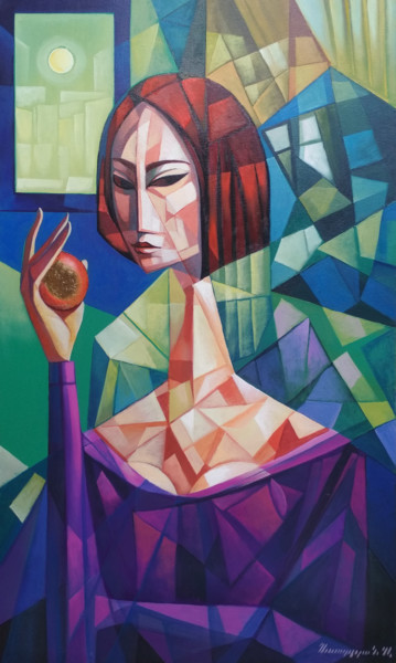 Schilderij getiteld "Girl with apple (60…" door Artsrun Asatryan, Origineel Kunstwerk, Olie