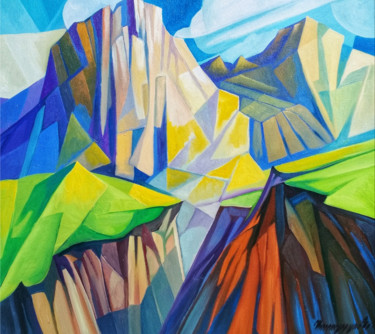 Painting titled "Cubism - Mountains…" by Artsrun Asatryan, Original Artwork, Oil Mounted on Wood Stretcher frame