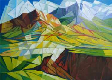 Painting titled "Cubism-mountains (6…" by Artsrun Asatryan, Original Artwork, Oil Mounted on Wood Stretcher frame